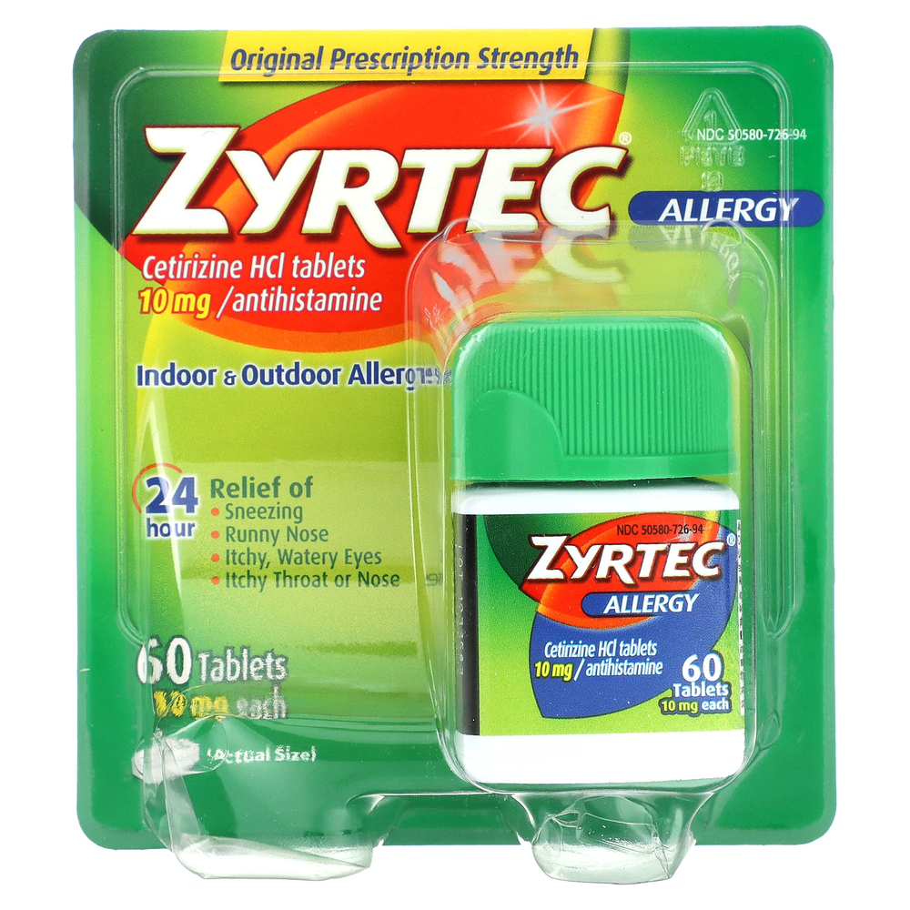Zyrtec, средство против аллергии, цетиризин гидрохлорид, 10 мг, 60 таблеток