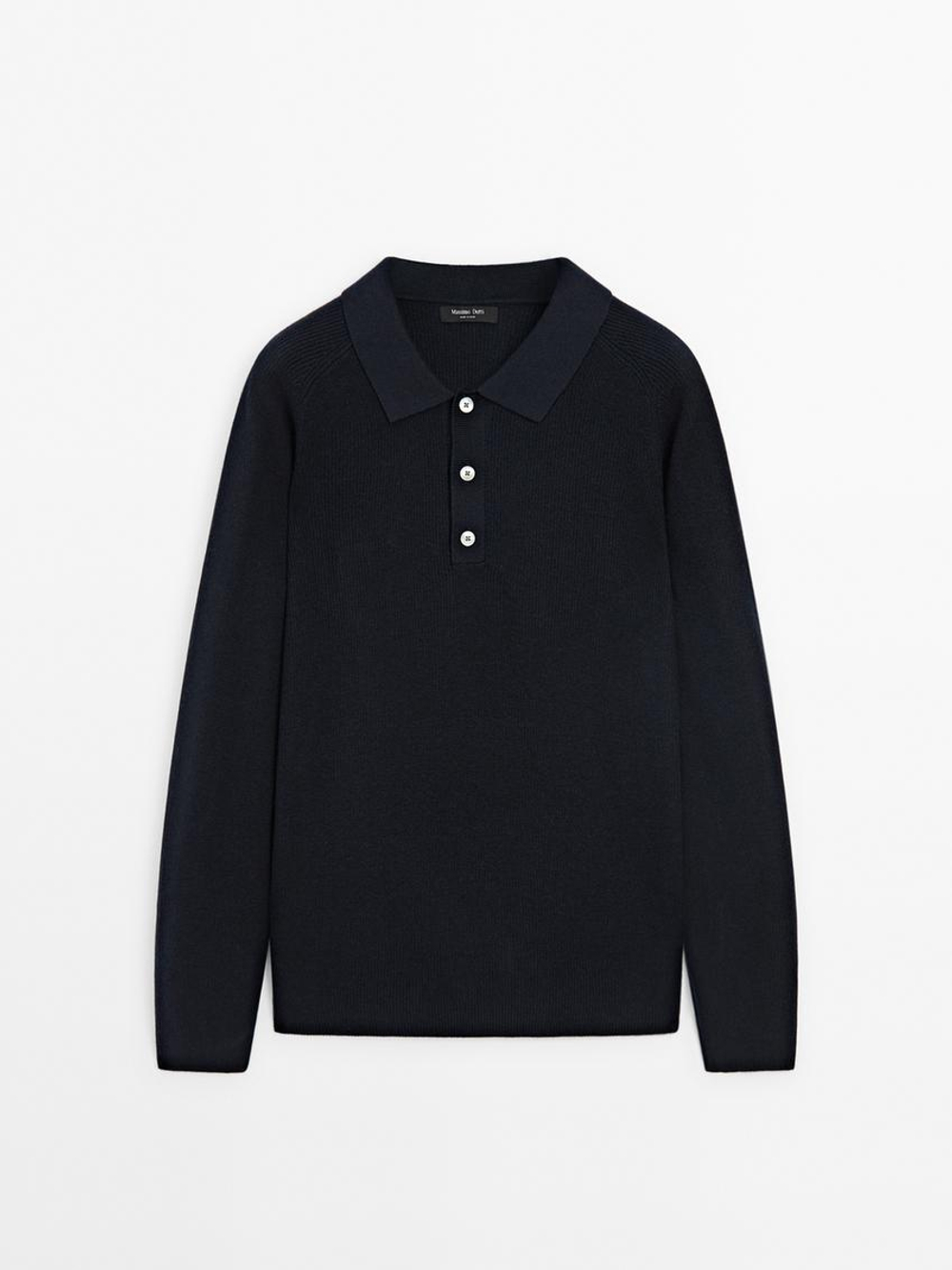 Massimo Dutti Вязаный свитер с воротником-поло, темно-синий