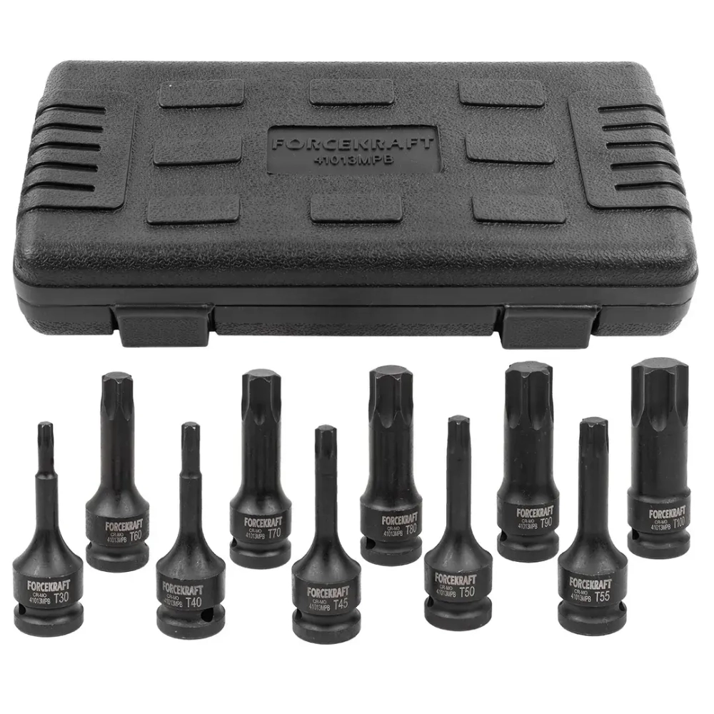 Набор головок-бит TORX ударных 10пр.,1/2''(T30, T40, T45, T50, T55, T60, T70, T80, T90, T100), в кейсе FORCEKRAFT FK-41013MPB
