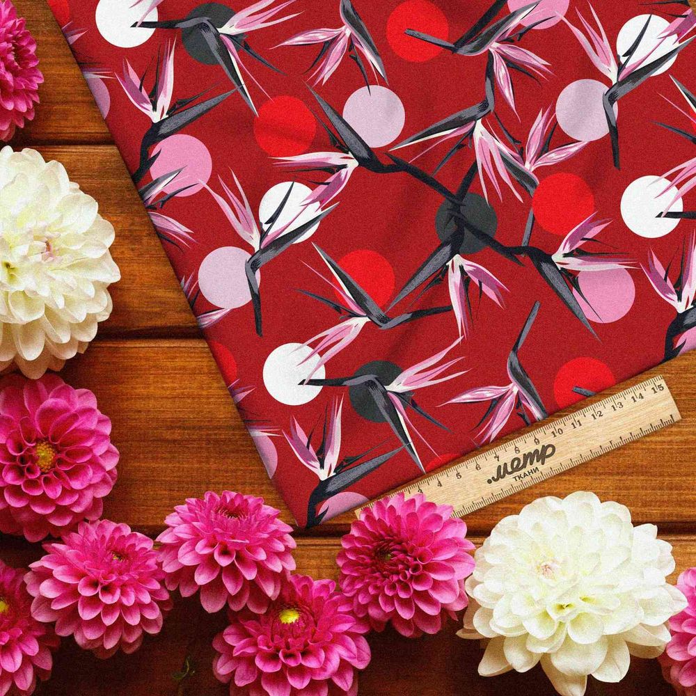 Ткань атлас японские цветочные мотивы