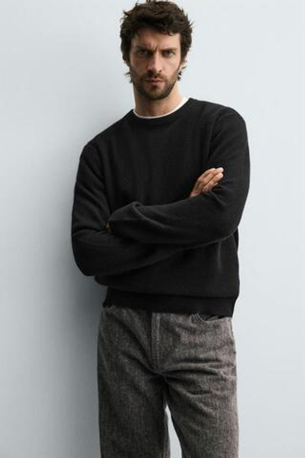 ZARA ШЕРСТЯНОЙ СВИТЕР КЛАССИЧЕСКОГО КРОЯ, ЧЕРНЫЙ
