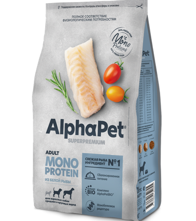 AlphaPet Superpremium Monoprotein Medium Adult для собак из белой рыбы 1кг. развес