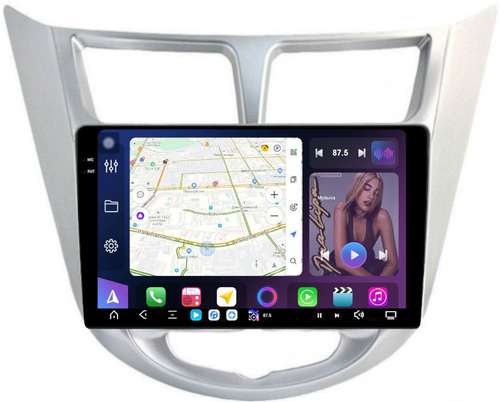 Магнитола для Hyundai Solaris 1 2010-2016 (рамка серебро) - FarCar S500-TS20 монитор 9.5" 2K QLED на Android 14, Быстрейшая, CarPlay, 4G SIM-слот