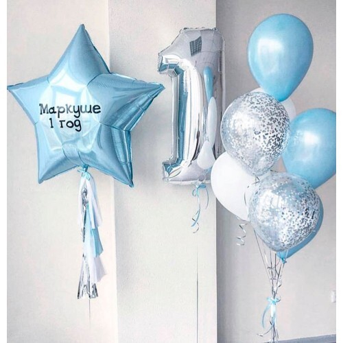 Композиция из шаров в небесно-голубом цвете с цифрой 1