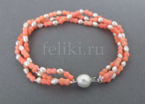 браслет из жемчуга и коралла (б-0887-19)