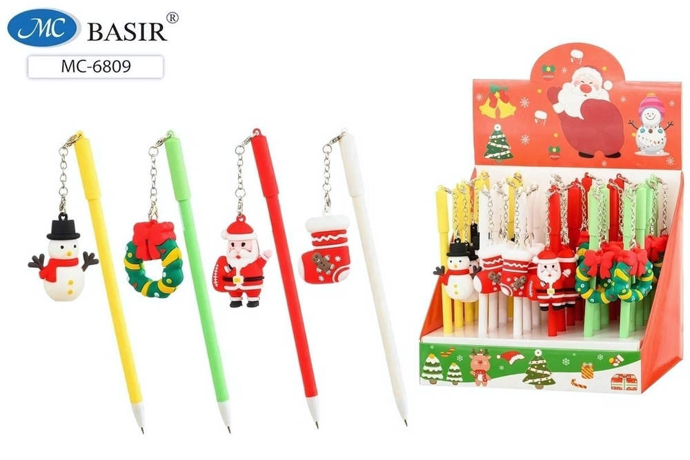 Ручка шариковая синяя, снеговик, сапог, венок, Дед Мороз "Новогодние" (Basir)