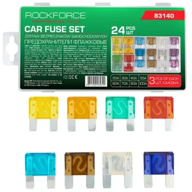 Предохранители плавкие флажковые автомобильные (от 20А до 100А), комплект 24пр. RockFORCE RF-FS-20[83140]