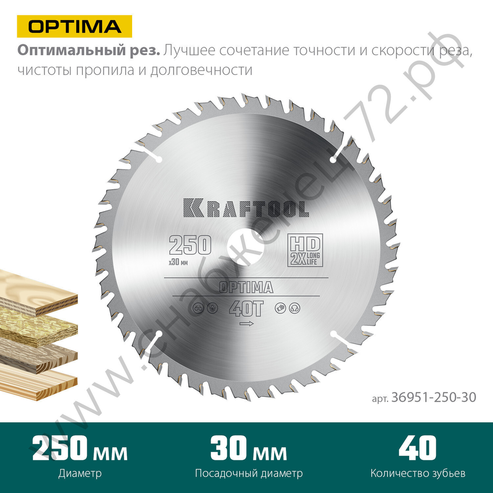 KRAFTOOL Optima 250х30мм 40Т, диск пильный по дереву