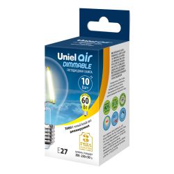 LED-A60-10W-3000K-E27-CL-DIM GLA01TR Лампа светодиодная диммируемая. Форма А. прозрачная. Серия Air. Теплый белый свет 3000K. Картон. ТМ Uniel.