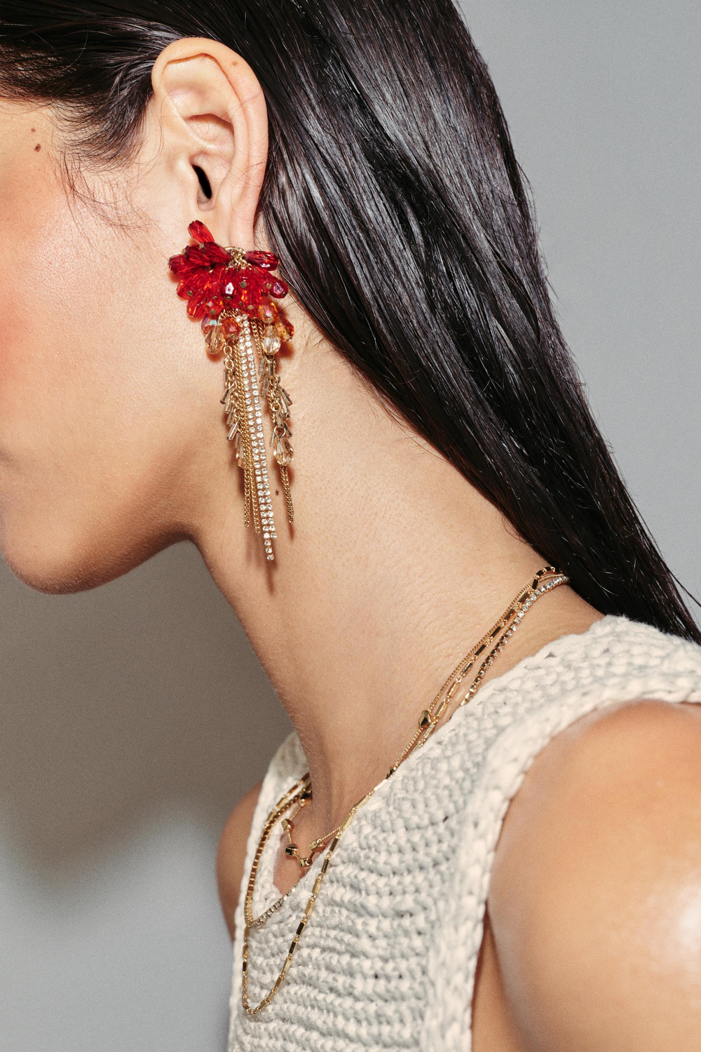 ZARA СЕРЬГИ С КРИСТАЛЛАМИ И БАХРОМОЙ, КРАСНЫЙ