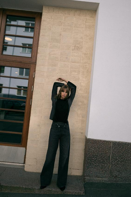 ZARA ДЖИНСЫ TRF WIDE LEG С ПЕРЕКРЕСТНОЙ ТАЛИЕЙ И ВЫСОКОЙ ПОСАДКОЙ, ЧЕРНЫЙ