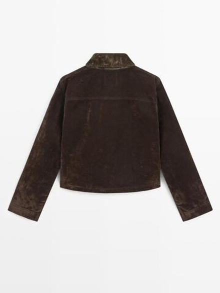 Massimo Dutti Короткая джинсовая куртка с карманами и бархатной отделкой, шоколадный
