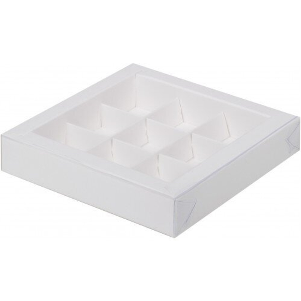 Коробка для конфет 9 шт с пластиковой крышкой 155*155*30 мм (белая)