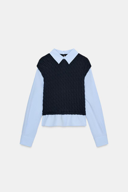 ZARA КОМБИНИРОВАННАЯ РУБАШКА ИЗ ПОПЛИНА, МОРСКОЙ СИНИЙ