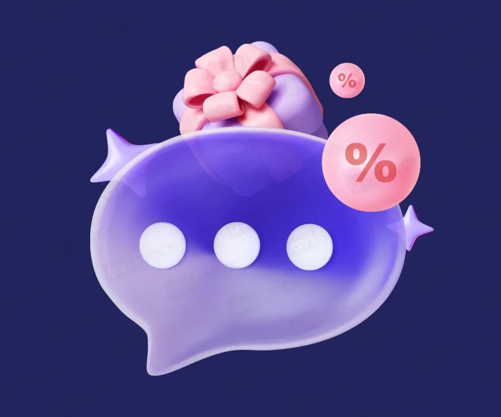 3D-иконка бабл чат  с подарком и символами процента.