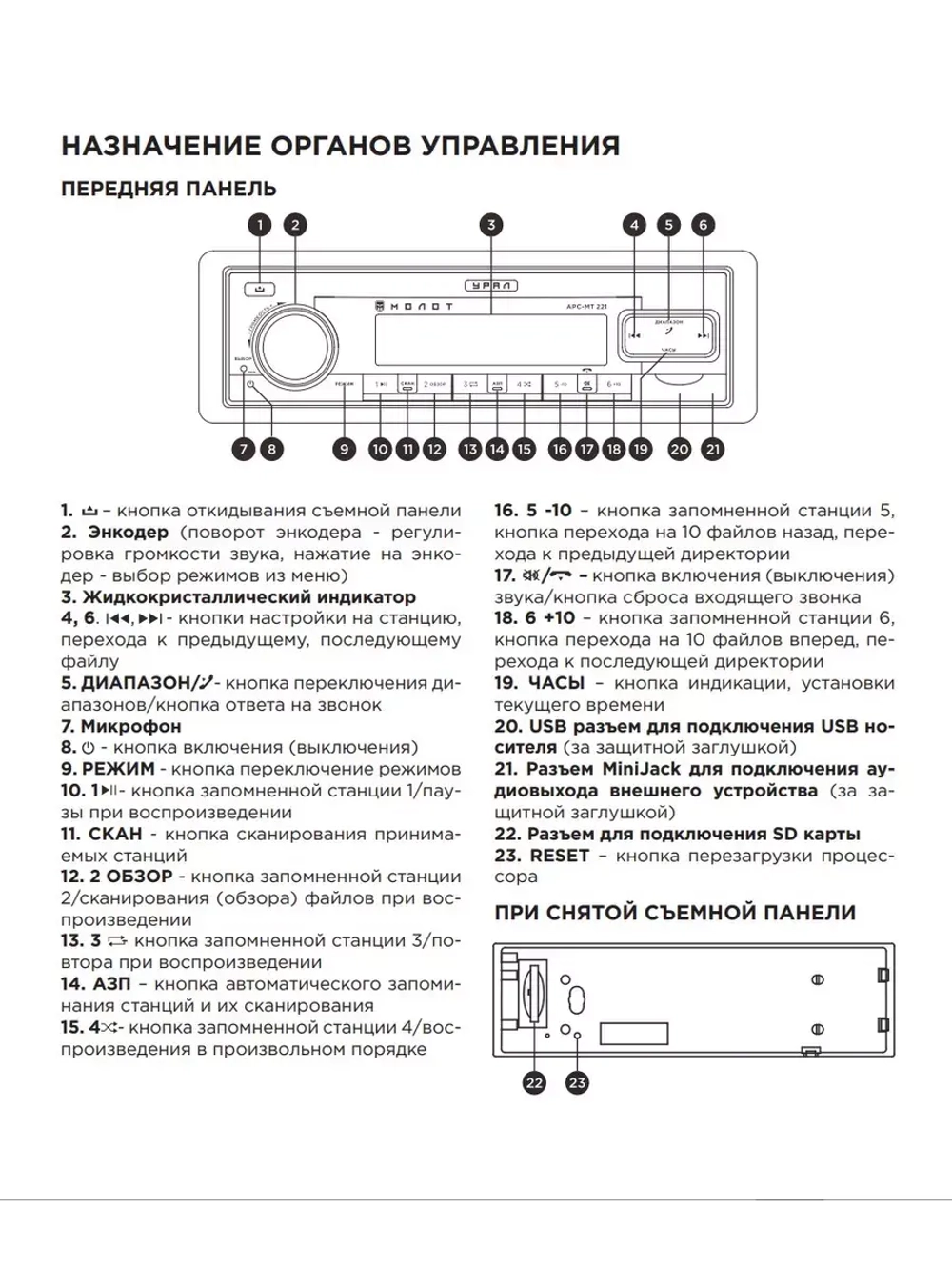 автомагнитола Урал Молот АРС-МТ 221К с блютуз ()