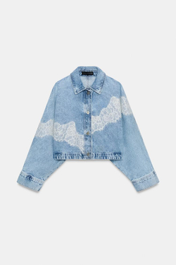 ZARA УКОРОЧЕННАЯ ДЖИНСОВАЯ КУРТКА Z1975 С КРУЖЕВОМ, ВЫЦВЕТШИЙ СИНИЙ