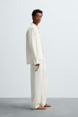 ZARA БРЮКИ СВОБОДНОГО КРОЯ ИЗ 100% КОНОПЛИ, ЖЕЛТОВАТО-БЕЛЫЙ