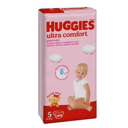 Подгузники Huggies Ultra Comfort  для девочек 5 (12-22kg) 64 шт