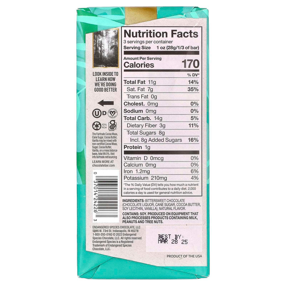 Endangered Species Chocolate, лесная мята + черный шоколад, 72% какао, 85 г (3 унции)