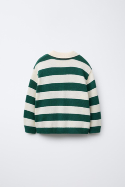 ZARA ТРИКОТАЖНЫЙ ДЖЕМПЕР ПОЛО В ПОЛОСКУ, ЭКРЮ/ЗЕЛЕНЫЙ