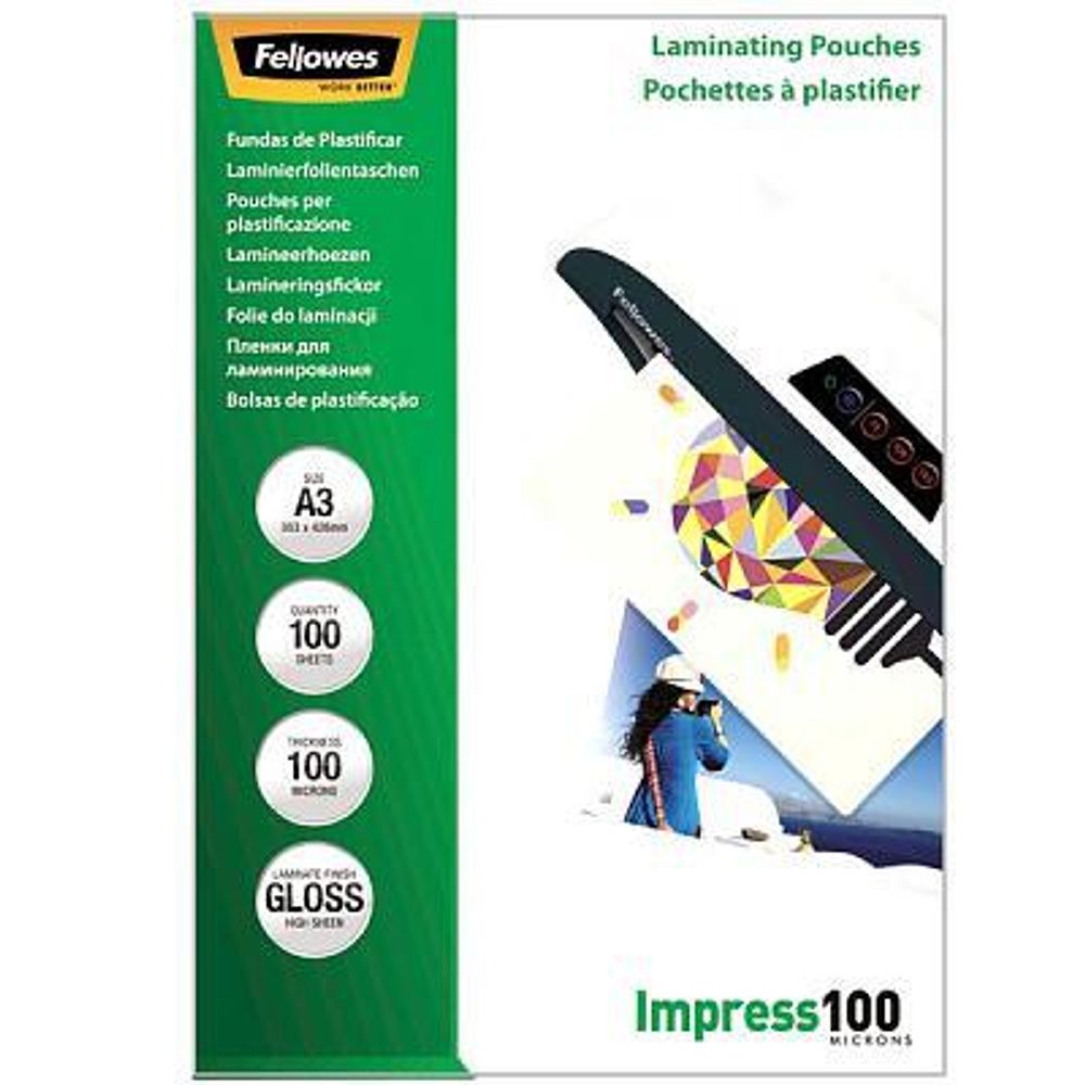 Пленки для ламинирования Fellowes®, A3, глянцевая, 100 мкм, 100 шт, трехслойная структура: ПВХ + ПЭТ + ЭВА