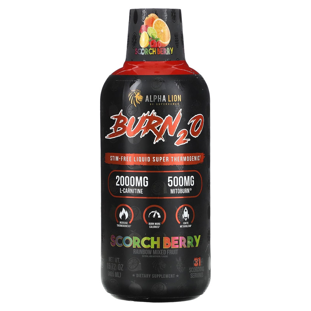 ALPHA LION, Burn2O, Scorch Berry, добавка для сжигания жира, со вкусом фруктового ассорти, 465 мл (15,72 унции)