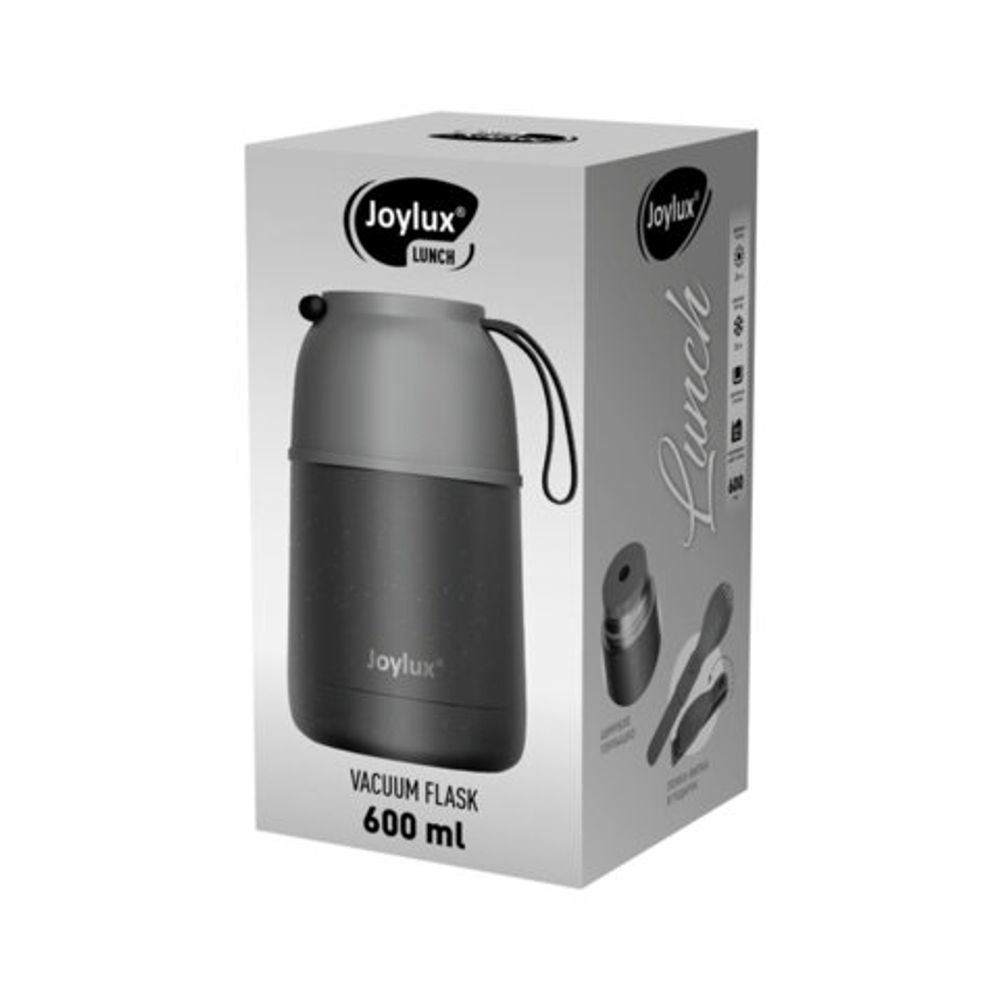 Термос 0,6 л для еды/напитков с широким горлом, JOYLUX (ДЖОЙЛЮКС) LUNCH, нержавеющая сталь SUS304, ложка-вилка, 700326