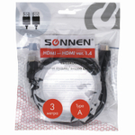 Кабель HDMI AM-AM 3 м SONNEN ver1.4 FullHD 4К для ноутбука компьютера ТВ-приставки монитора телевизора проектора черный (2 штуки в упаковке)