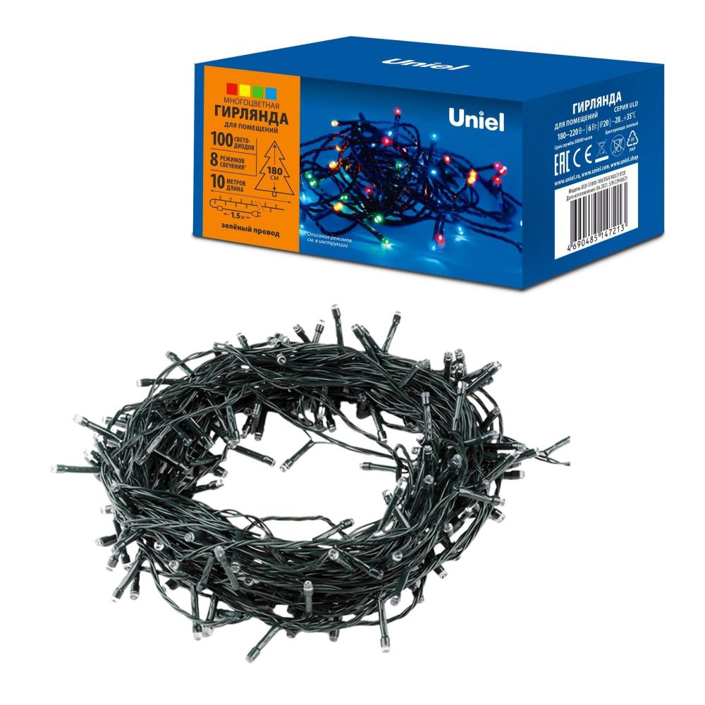 ULD-S1000-100-DGA MULTI IP20 Гирлянда светодиодная. 10м. 100 светодиодов. Разноцветный свет. Провод зеленый. ТМ Uniel