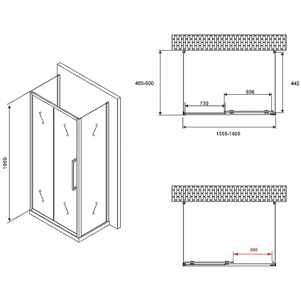 Душевой уголок Abber Schwarzer Diamant 160x50 AG30160BH-S50B-S50B стекло прозрачное/профиль черный