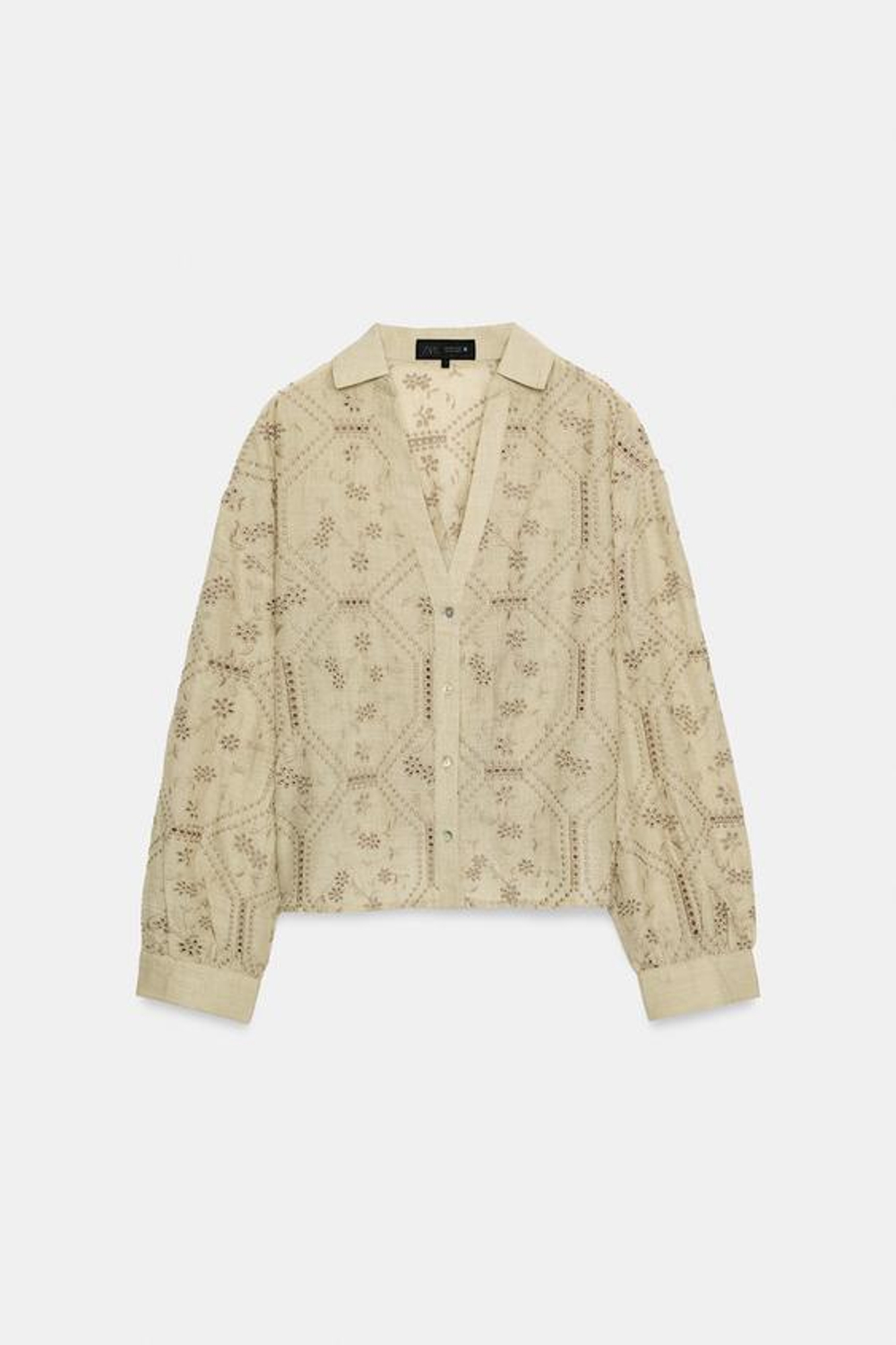 ZARA РУБАШКА С АЖУРНОЙ ВЫШИВКОЙ, СВЕТЛЫЙ ХАКИ