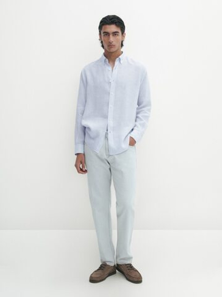 Massimo Dutti Рубашка облегающего кроя изо льна в полоску, небесно-голубой