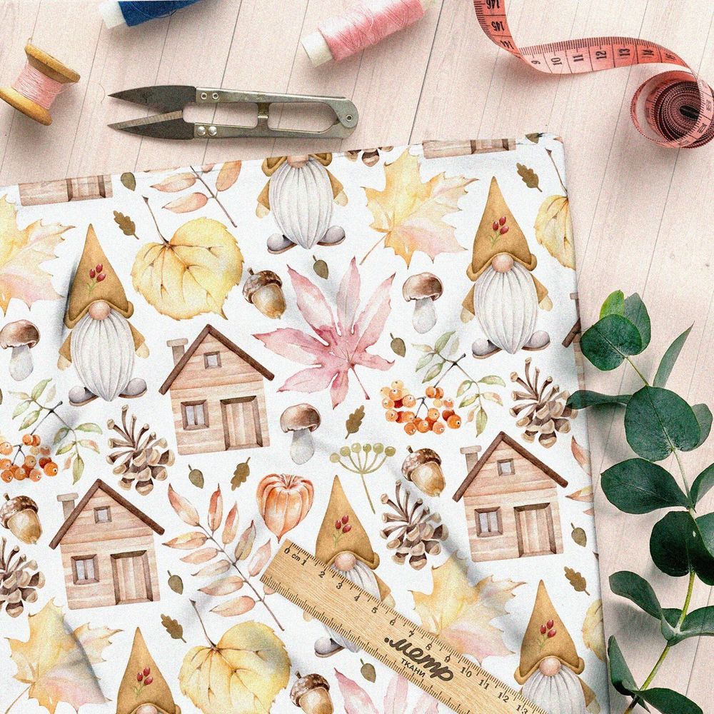 Ткань интерлок осенние листья гномы дома