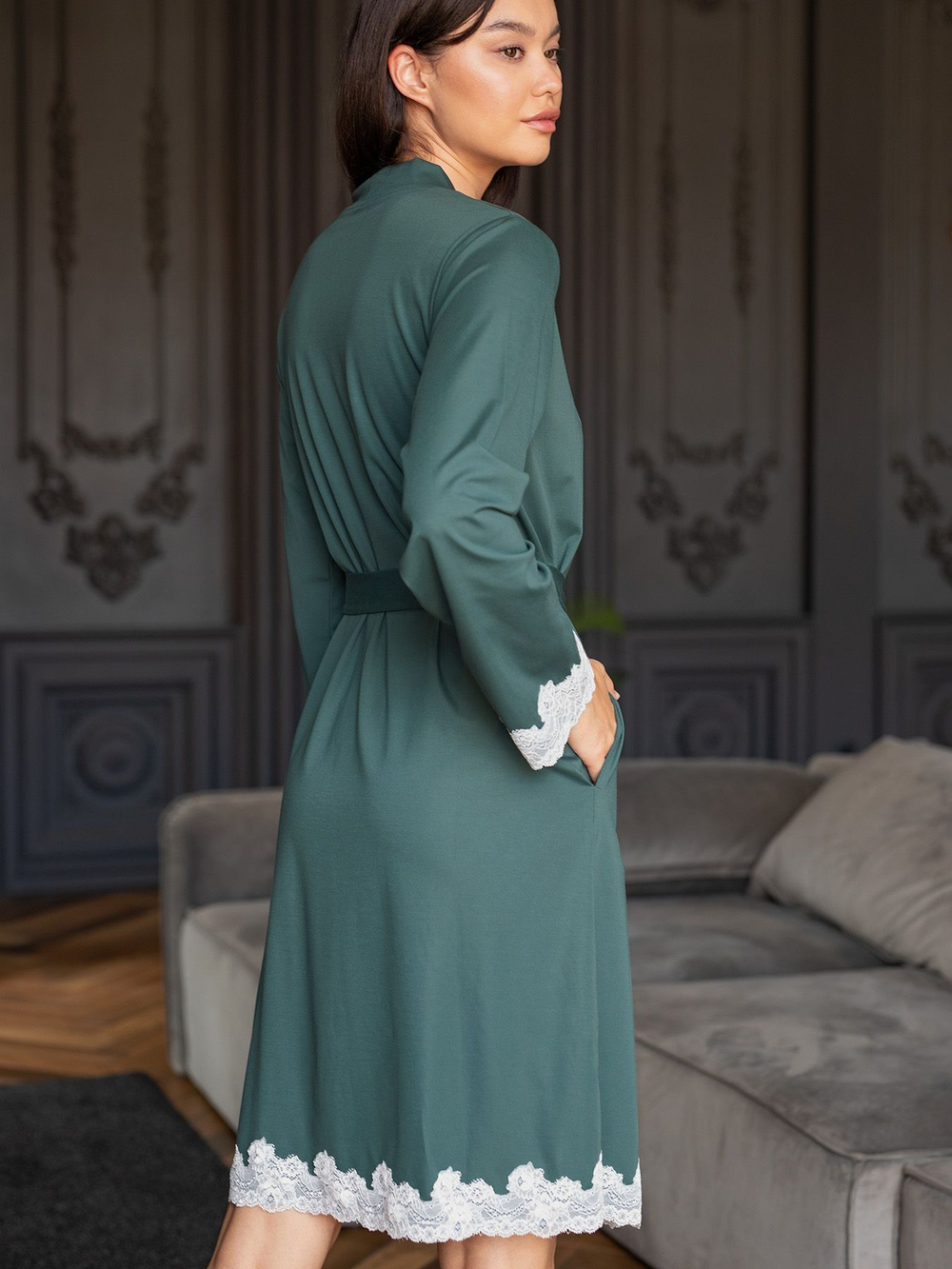 Женский домашний халат длины миди (Размер: XL) (Цвет: зеленый)