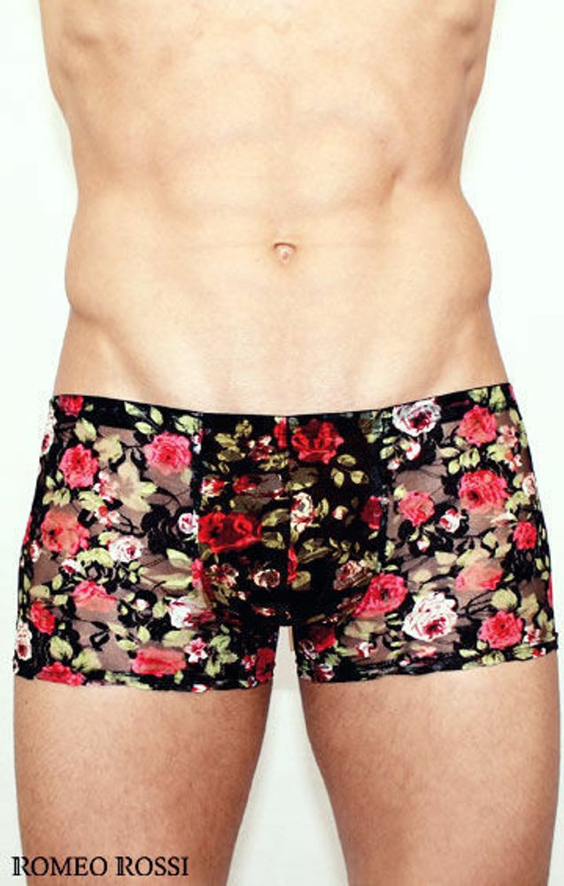 Мужские трусы боксеры кружевные черные с красными розами Romeo Rossi Rose Boxer
