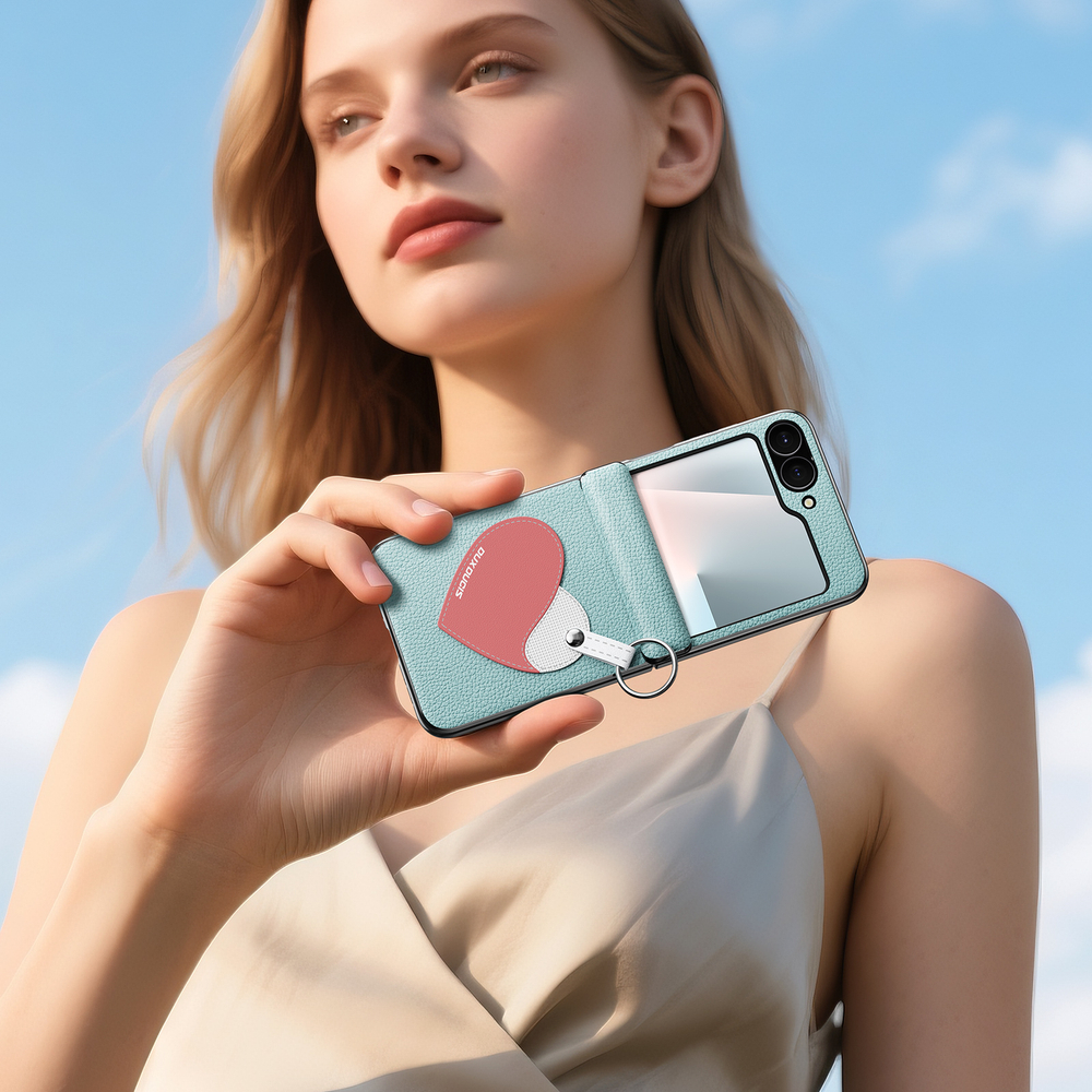 Чехол синего цвета (Love Edition - Cyan Blue) из искусственной кожи от Dux Ducis для Samsung Flip 7 FE (W25 Flip) и Flip 6, серия Luvy Series Case