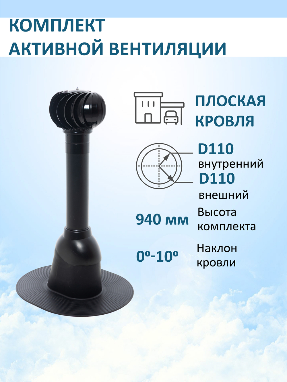 Комплект активной вентиляции: Турбодефлектор TD110, вент.выход 110 не утепленный, для плоской кровли