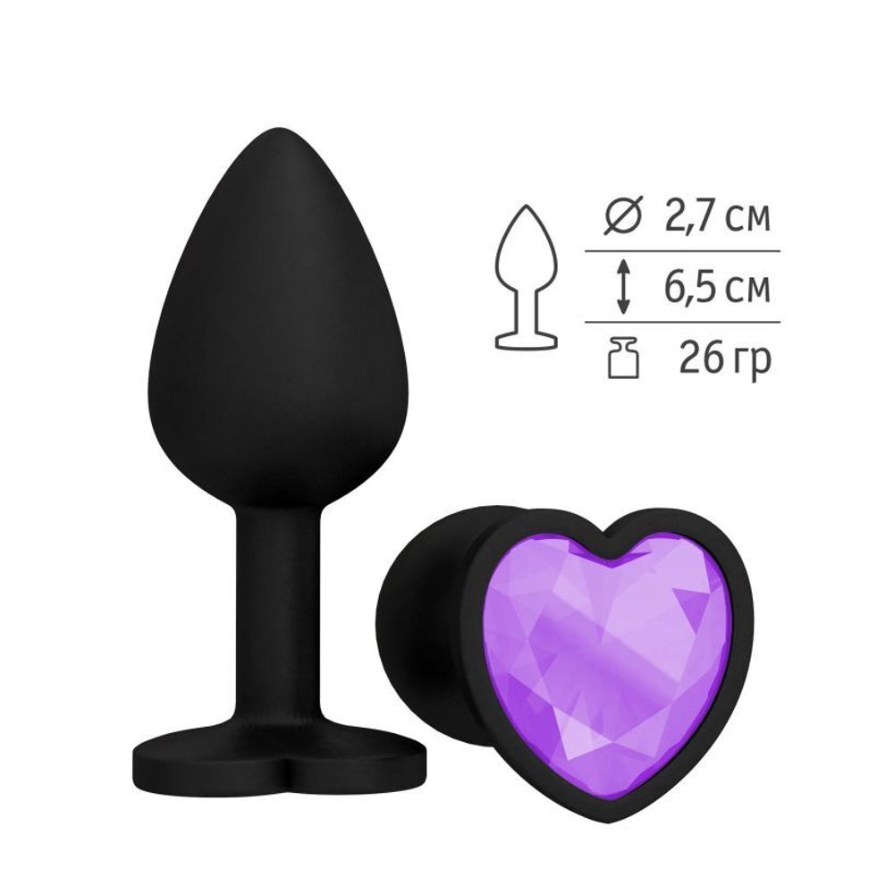 508-13 LILAC-DD / Анальная втулка силиконовая черная с сиреневым кристаллом сердце