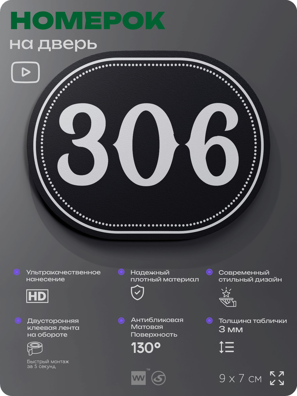 Номерок на дверь квартиры 306, для кабинета, офиса, шильдик 9 х 7 см, черный, Айдентика Технолоджи