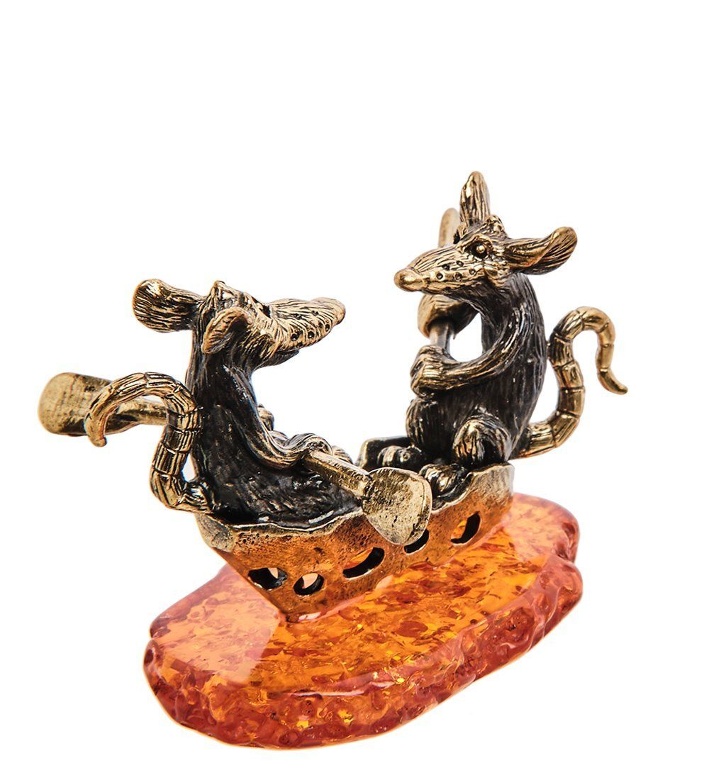AM-3117 Фигурка «Мыши на сырной лодочке» (латунь, янтарь)
