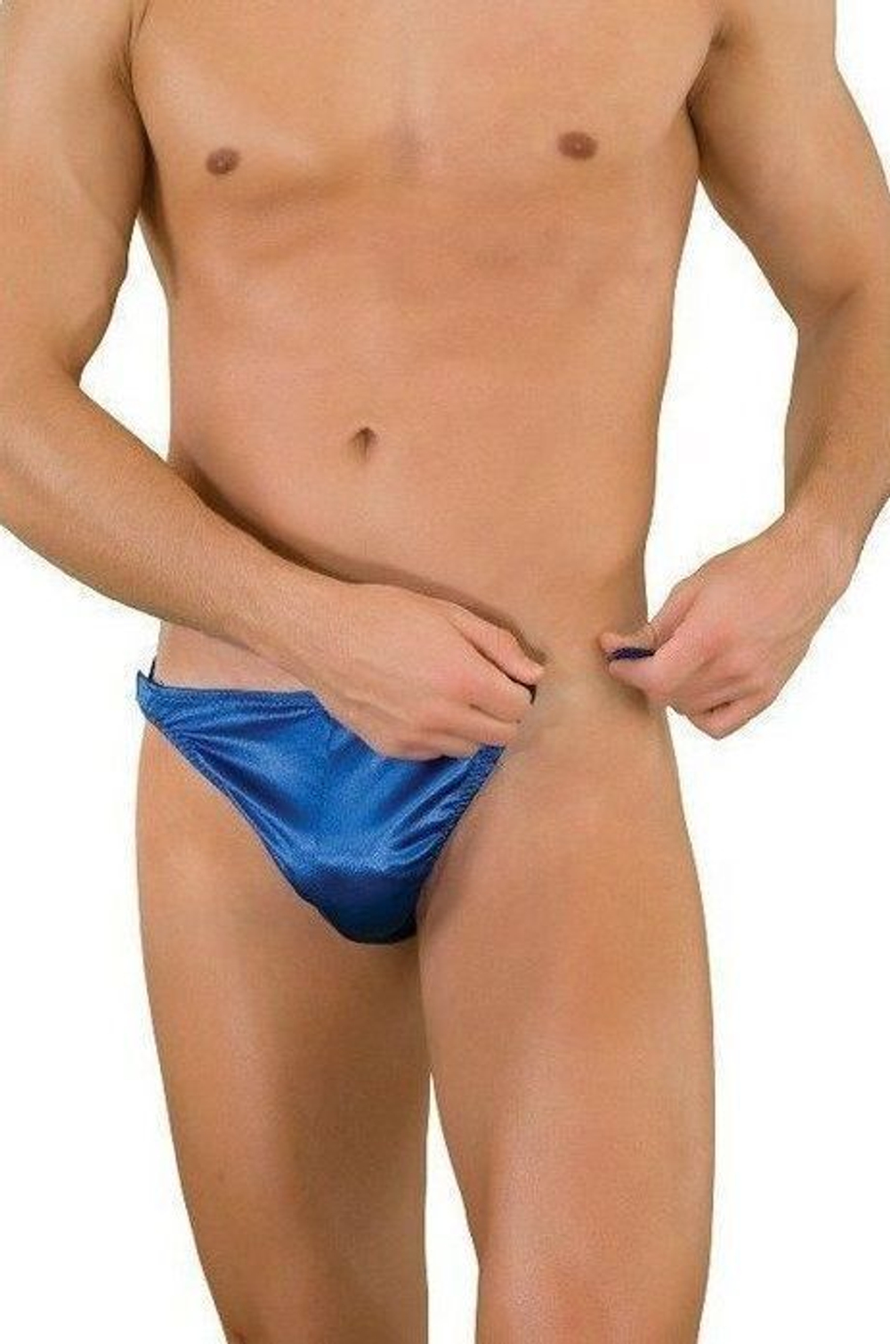 Синие трусы-тонги с застежкой сбоку и сатиновым блеском (Размер: S-M) (Цвет: синий)