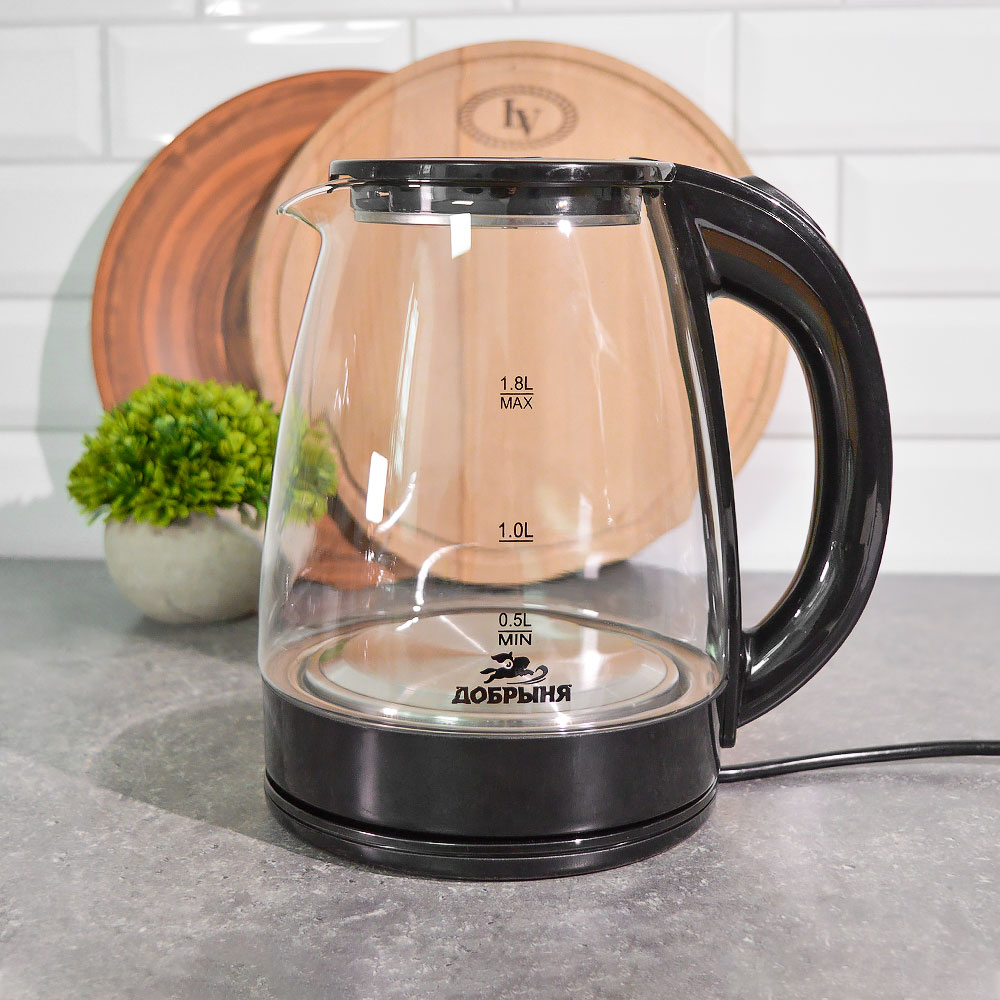 Чайник электрический 1,8л "Добрыня DO-1254" 1800Вт стекло, черный