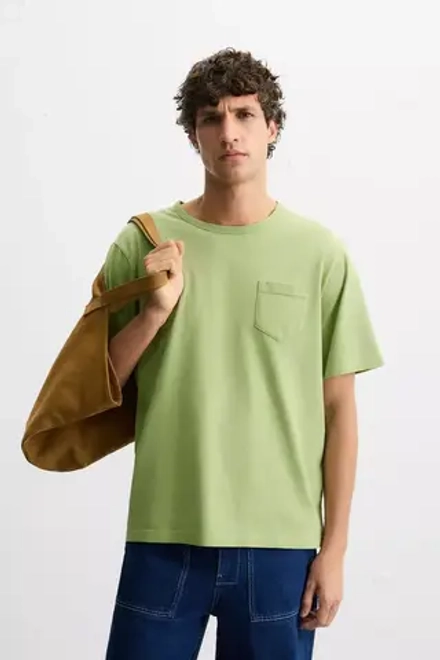 ZARA ФУТБОЛКА С КАРМАНОМ, ЗЕЛЕНЫЙ
