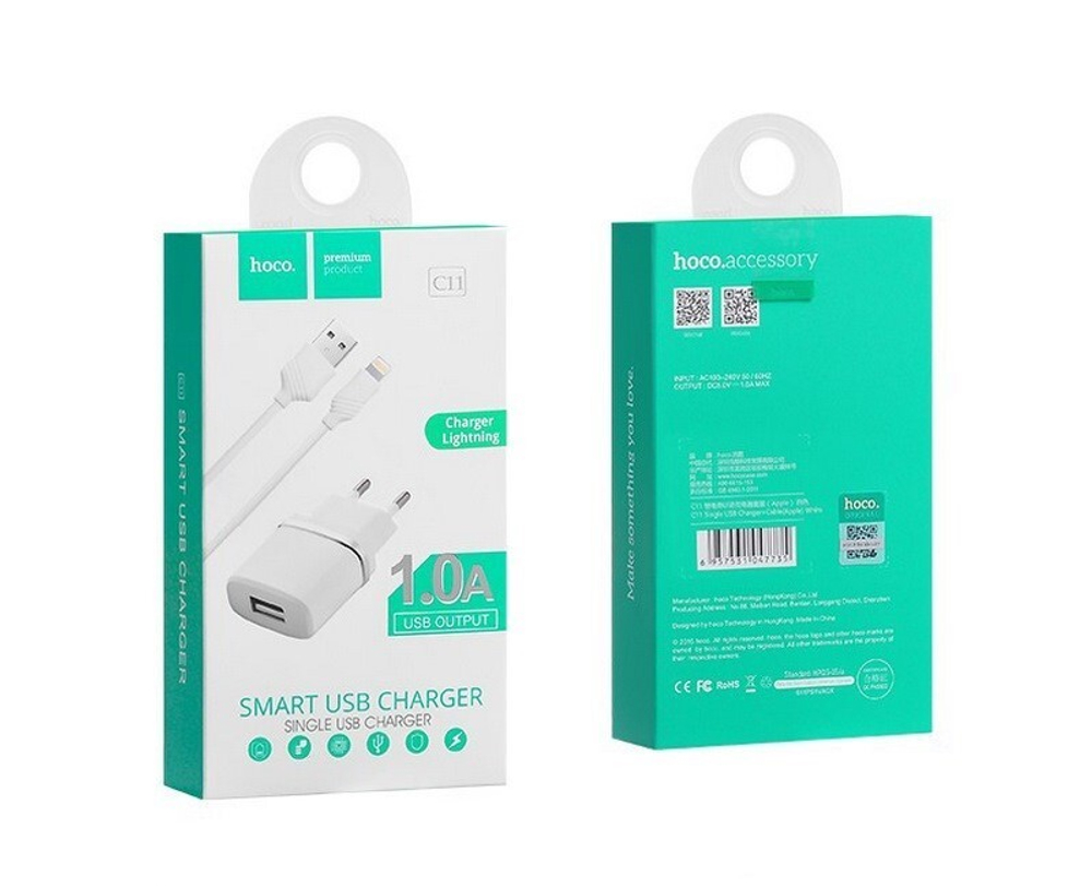 Сетевая зарядка HOCO C11Smart + кабель Lightning (1.0 A)