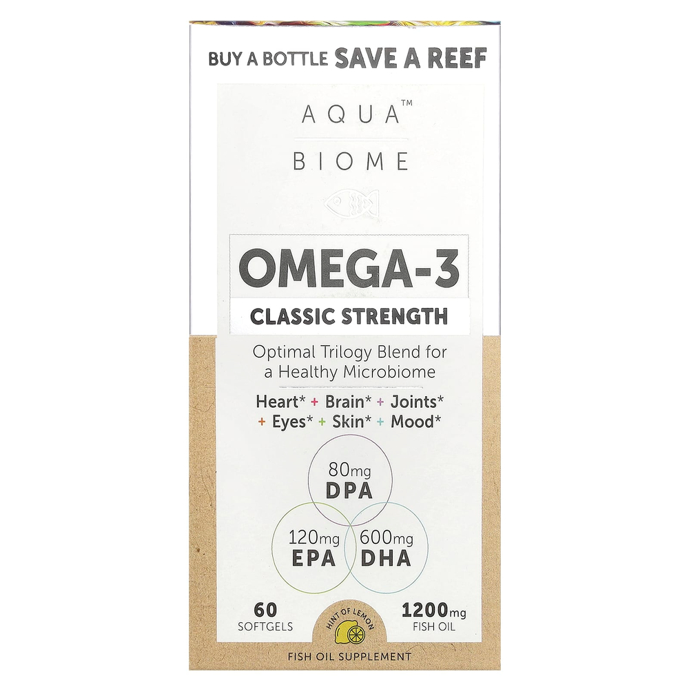 Enzymedica, Aqua Biome, омега-3, классическая сила действия, лимонный вкус, 1200 мг, 60 капсул (600 мг в 1 капсуле)