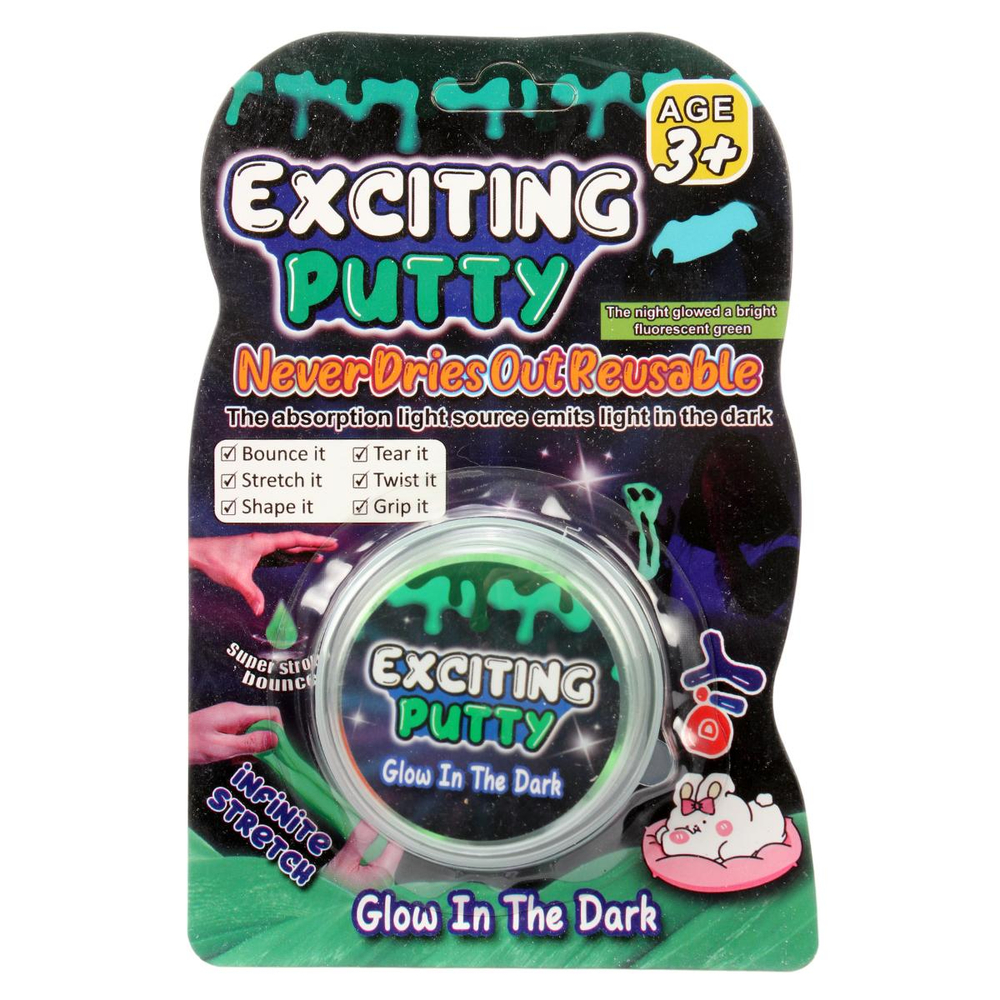 Лизун попрыгун светится в темноте, в комплекте нос, глаза, вес лизуна 20 г, 4 цвета микс, с-30774