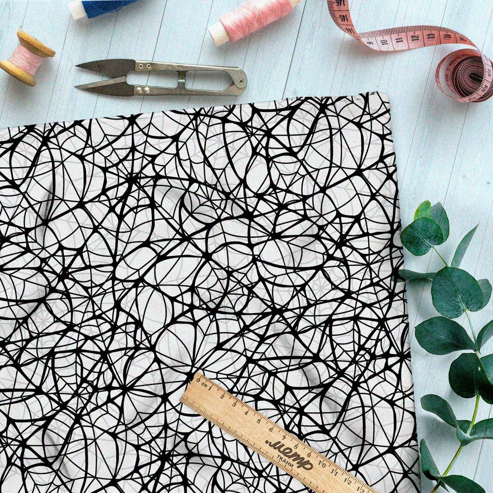 Ткань мембрана мелкая чёрная паутина на белом фоне