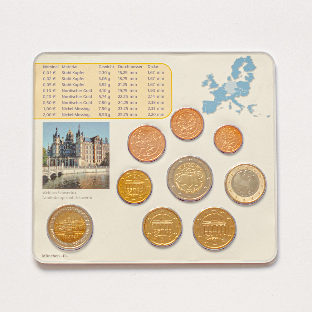 Germany 2007 Year Set (A, D, F, G, J) + 5 x 2 Euro: "Schwerin Castle (Mecklenburg-Vorpommern)" and "50th anniversary of the Treaty of Rome"