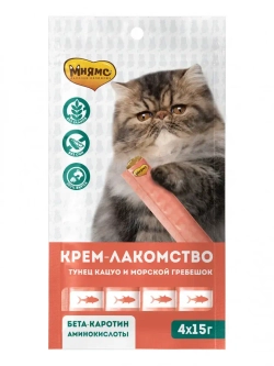 Крем-лакомство мнямс для кошек с тунцом кацуо и морским гребешком - 60 г